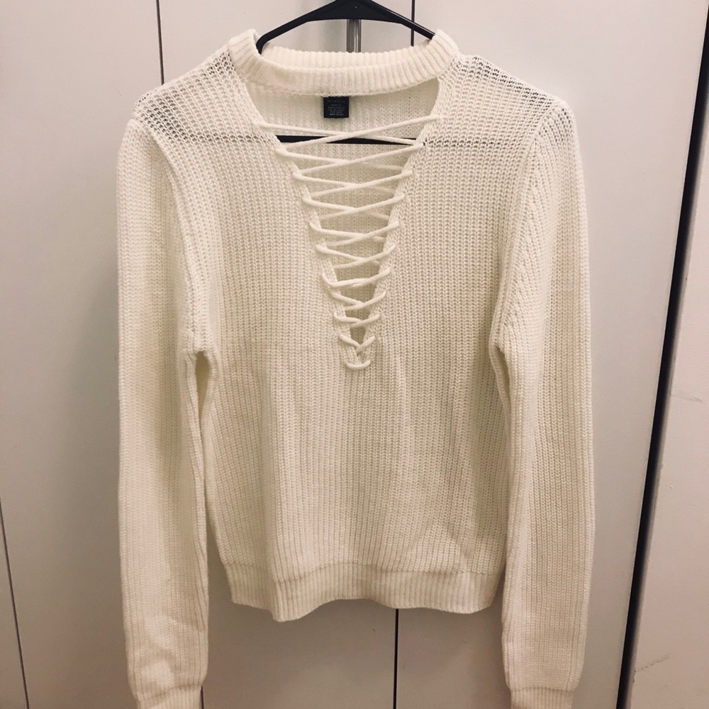 V-Neck lace front off-white sweater